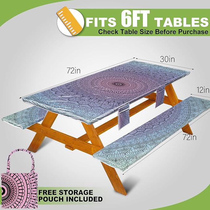 Picnic Table Cover with Bench Covers Vinyl Elastic Edges Fitted Rectangle Seat Tables Waterproof 3-Piece72X30in Set Outdoor Rectangular Folding Backing Tablecloth for Camping Over SizeTie-Dye105