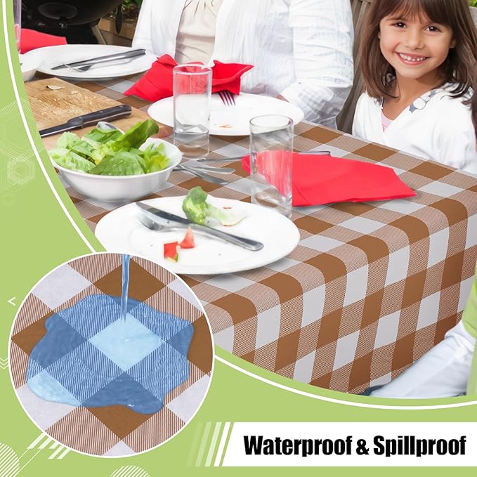 Smiry Rectangle Table Cloth, Waterproof Vinyl Tablecloths with Flannel Backing, Wipeable Buffalo Plaid Table Cover for Dining, Indoor and Outdoor (Brown & White, 60"x84")