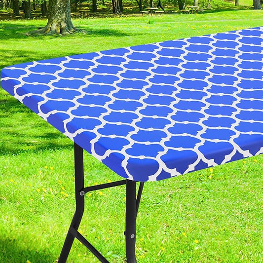 Smiry Rectangle Picnic Table Cover, Waterproof Elastic Fitted Camping Tablecloths for 6 Foot Tables, Wipeable Flannel Backed Vinyl Tablecloth Protector for Indoor, Outdoor (Blue, 36x72 Inches)