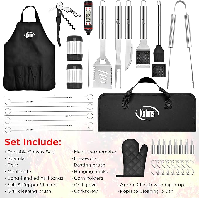 Kaluns Grilling Accessories, Dad Gifts for Christmas Grilling Gifts, Heavy Duty Stainless Steel Grill Set BBQ Grill Accessories for Outdoor Grill with Meat Thermometer, Case and Apron