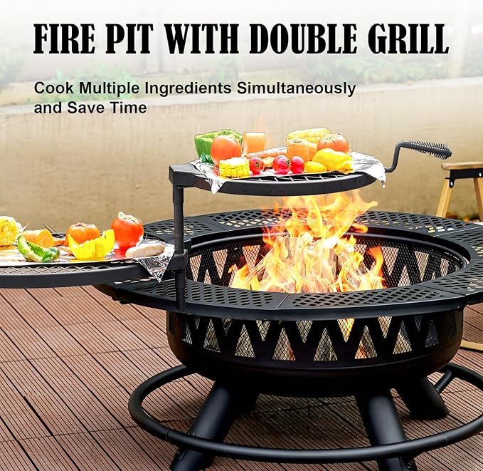 36 Inch Fire Pit with 2 Grills, Large Outdoor Firepits for Outside, Wood Burning Fireplace for Camping,Picnic,Bonfire, 3-in-1 Round Metal Table with Lid for Backyard,Patio,Party