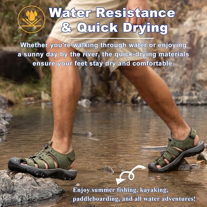 Men's Sport Sandals Closed Toe Leather Hiking Athletic Walking Outdoor Beach Trail River Fishing Water Shoes Lightweight Comfortable Waterproof