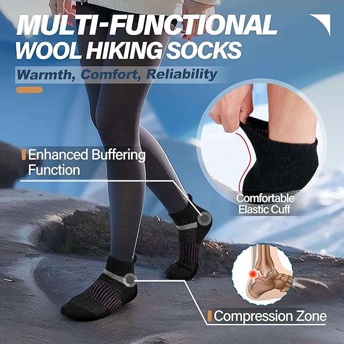 6 Pairs Merino Wool Ankle Running Hiking Socks Compression Support Breathable Thick Cushion No Show Socks for Women Men