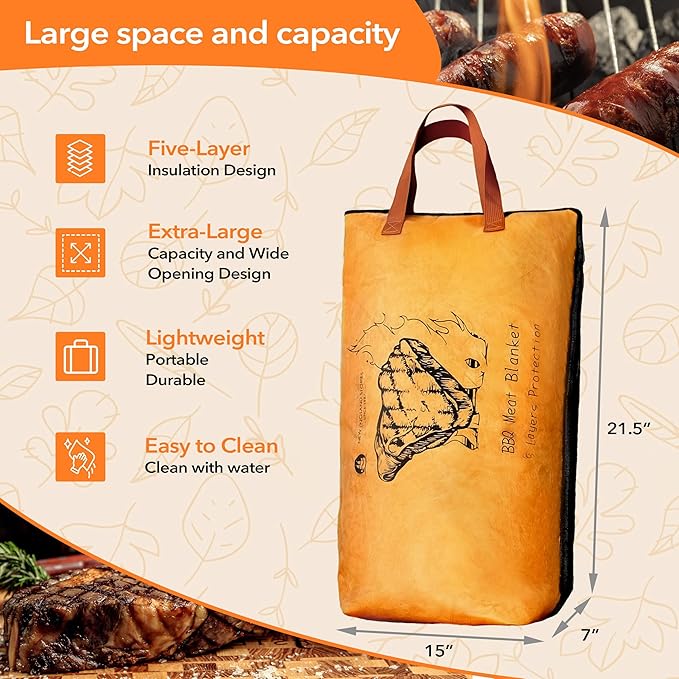 BBQ Blanket for Resting Meat, 5-Layer Insulated Meat Resting Bag for Moisture Retention and Perfect BBQ, Wide Mouth with Handle Design for Large Brisket/Pork Shoulders/Turkeys,Gifts for Men (Brown, 21 Inch)