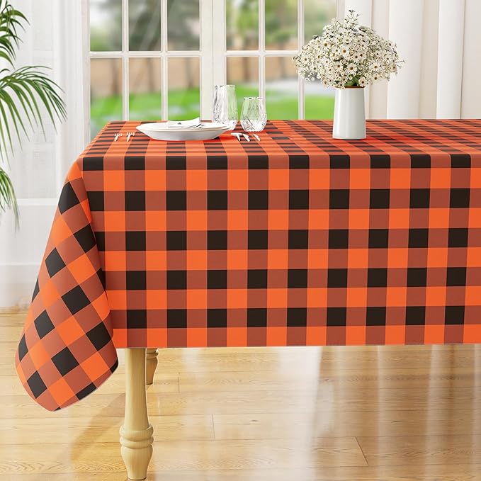 misaya Rectangle Waterproof Vinyl Table Cloth, Buffalo Flannel Backed Tablecloth, Wipeable Plastic Table Cover for Dinner, Kitchen, Picnic (52" x 70", Orange and Black)