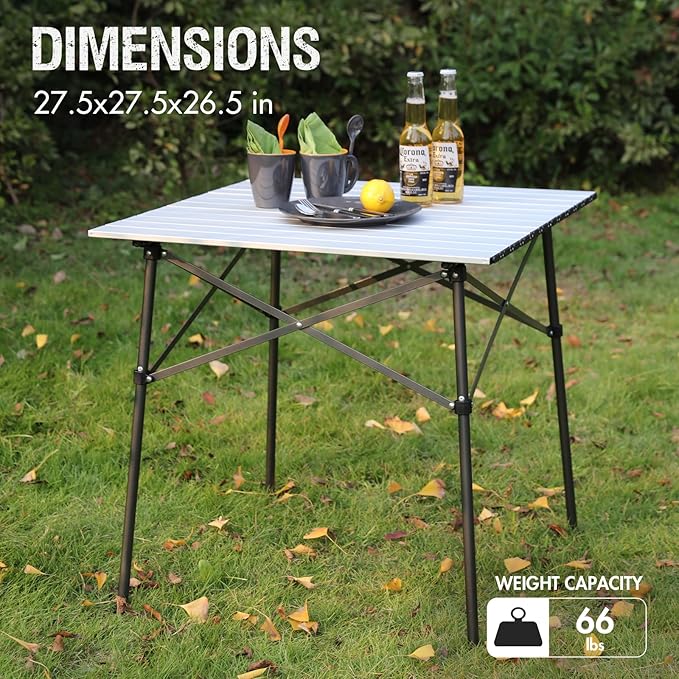 PORTAL Lightweight Aluminum Folding Square Table Roll Up Top 4 People Compact Table with Carry Bag for Camping, Picnic, Backyards, BBQ, Silver
