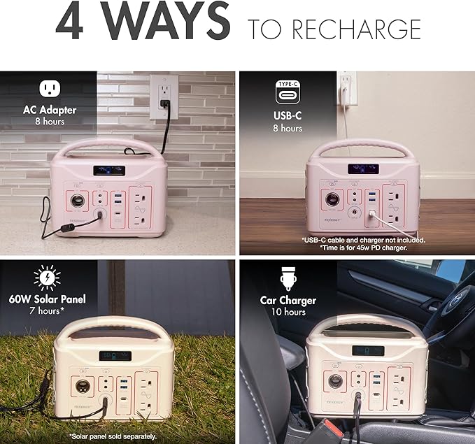 Tenergy T320 Portable Power Station, 300Wh Battery, 110V/200W (Surge 400W) Two Pure Sine Wave AC outputs, USB type C PD 45W, Mobile Power for Outdoors, RV, Hunting, Emergency Backup, Sandy Coral