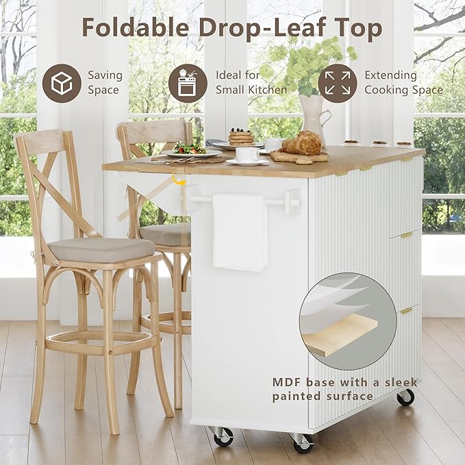 win2win Rolling Kitchen Island with Storage, Portable Kitchen Island with Drop Leaf Breakfast Bar, Modern Farmhouse Kitchen Cart on Wheels with Fluted Design, Towel Rack, Spice Rack, White