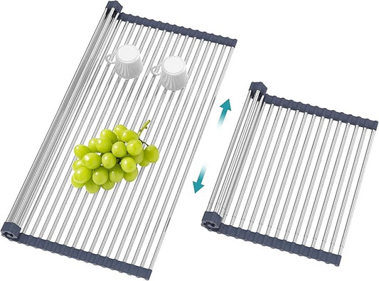 BBXTYLY Extra Large Expandable Roll Up Dish Drying Rack,Over The Sink Drying Rack Sink Cover Kitchen Sink Accessories Kitchen Rolling up Stainless Steel Drainer, Foldable,Rollable（Grey，22.8''-17''）