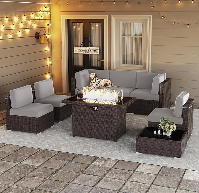 LayinSun 8 Pieces Outdoor Patio Furniture Set with 44" Fire Pit Table Brown Rattan Sectional Sofa Conversation Sets
