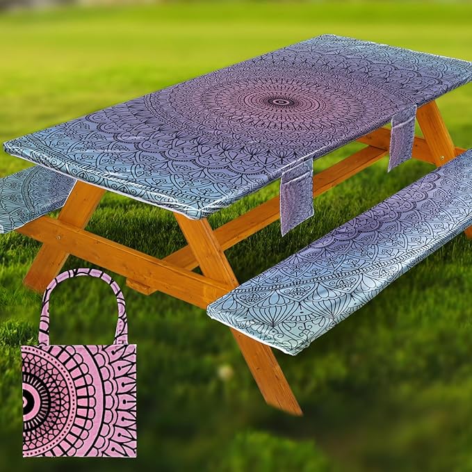Picnic Table Cover with Bench Covers Vinyl Elastic Edges Fitted Rectangle Seat Tables Waterproof 3-Piece96X30in Set Outdoor Rectangular Folding Backing Tablecloth for Camping Over SizeTie-Dye106