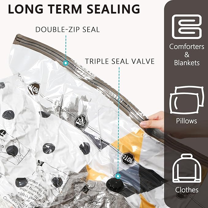 Vacuum Storage Bags 12 Jumbo, Space Saver Bags with Travel Hand Pump, Compression Airtight Sealer Bags for Clothes, Bedding, Pillows, Comforters, Blankets