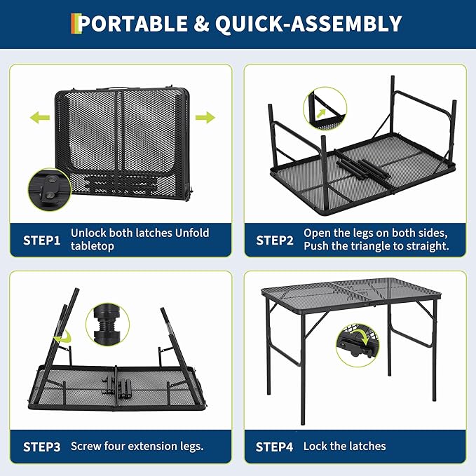 3x2FT Folding Grill Table, Portable Camping Table with Mesh Desktop, Height Adjustable Lightweight Metal Grill Table, for Outdoor Camping, BBQ, Picnic, Travel Cooking, Black