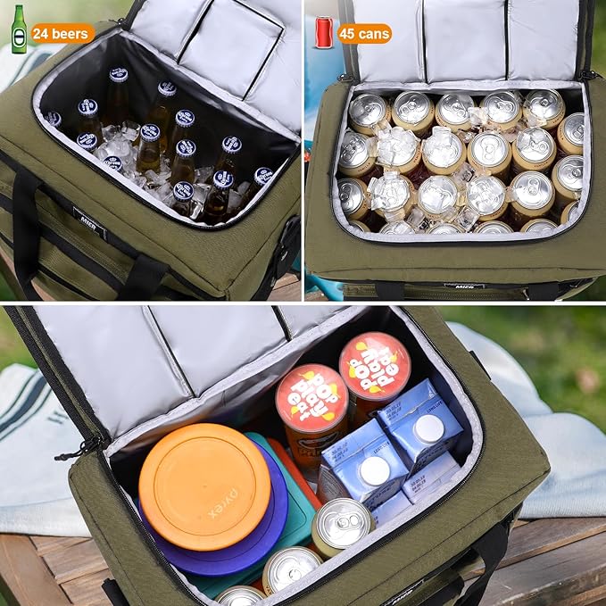 MIER 30L Extra Large Soft Cooler Bag with Bottle Opener for Camping Beach BBQ Grocery Golf Leakproof Picnic Lunch Bag, Collapsible, Top Flip Lid, 45Can (Dark Green)