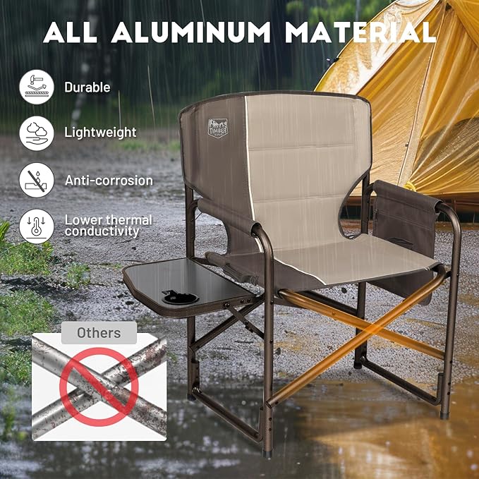 TIMBER RIDGE Aluminum Oversized Camping Chair, Lightweight Portable Directors Chair with Side Table Detachable Side Pocket for Outdoor Camping, Lawn, Picnic, Support 400lbs Tan