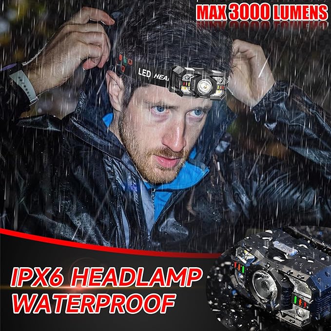 Headlamp Rechargeable 6Pack, 3000 Lumen Ultra-Light Bright Headlamp Flashlight with White Red Light, LED Headlight Motion Sensor, 5+5 Mode for Outdoor Camping Fishing Running Hiking (6)