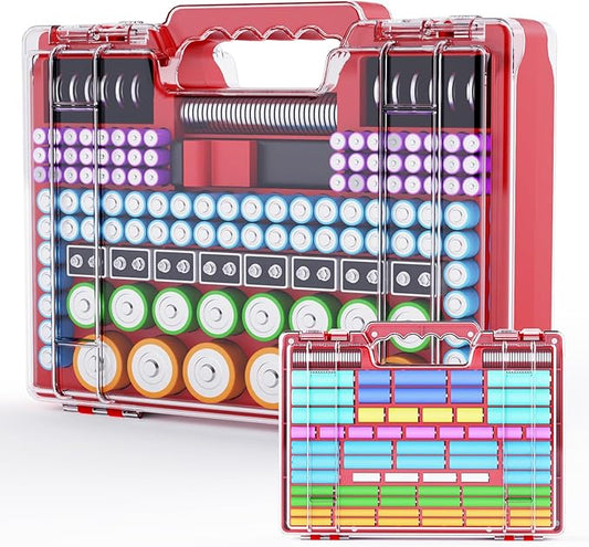 Battery Organizer Storage Holder Box Case with Tester, Stores & Protects Up to 260 Batteries, Double-Clear Locking Lid, Holds AA AAA C D and More (Not Includes Battery Pack) - Red