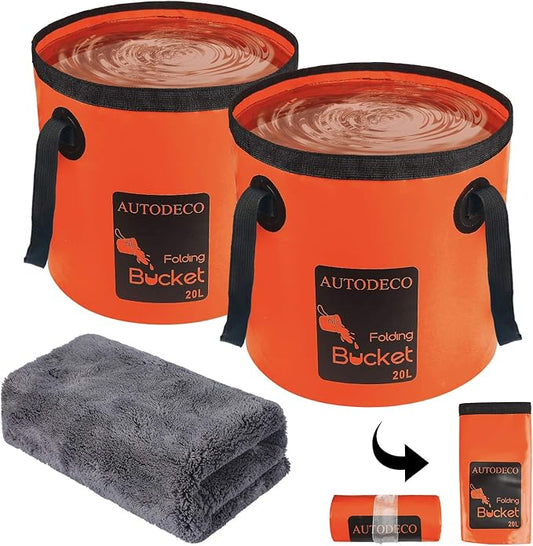 AUTODECO 2 Pack Collapsible Bucket 5 Gallon Container Folding Water Bucket Portable Wash Basin for Outdoor Travelling Camping Fishing Gardening Car Washing 20L