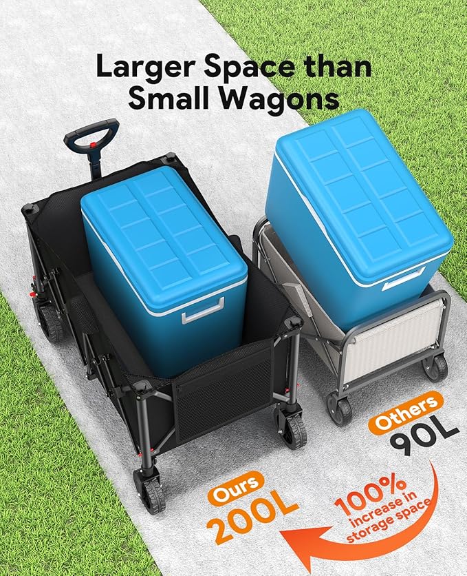 Collapsible Foldable Wagons, 440lbs Capacity Wagons Carts Foldable with All-Terrain Wheels, Heavy Duty Foldable Wagon, Utility Wagon Carts with Brakes for Camping, Sports, Shopping, Beach, Black