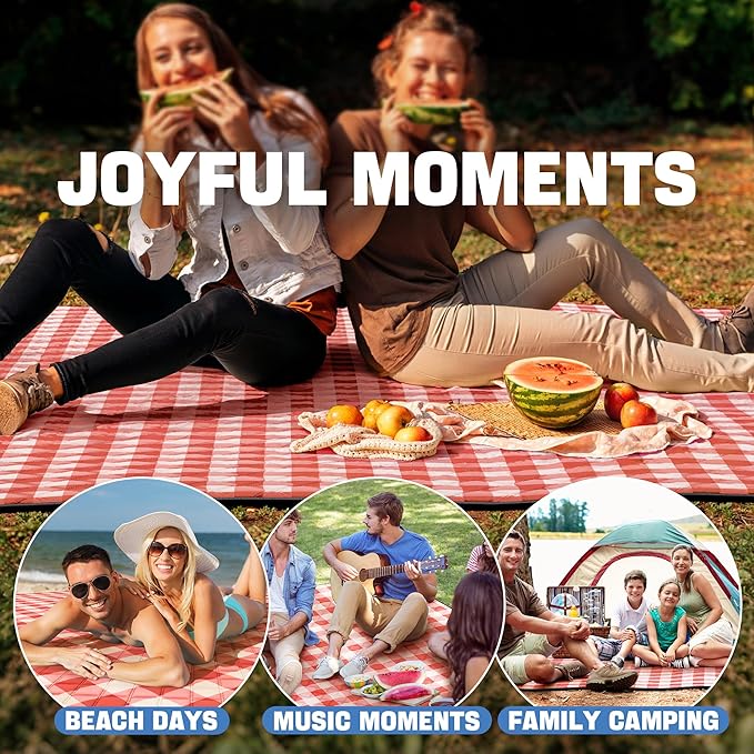 TigeJoy Extra Large Picnic Blanket Waterproof Foldable 80''x118'', Outdoor Picnic Mat Beach Blanket Sandproof for Park, Grass, Travel, Hiking, Camping Essentials, Gingham Picnic Blanket