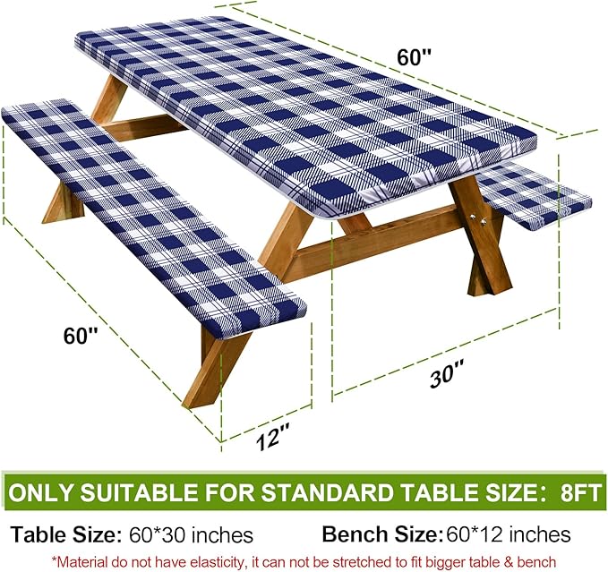Picnic Table Cover with Bench Covers Camping Essentials Waterproof Windproof Camping Tablecloth with Drawstring Bag, Fitted Rectangle Tables and Seats, 60in, Blue Checkered