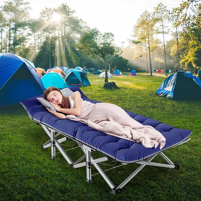 LILYPELLE Folding Camping Cot, Extra Wide Heavy Duty Sleeping Cots with Carry Bag, Double Layer Oxford Portable Travel Camp Cots for Home, Office Nap and Outdoor Beach