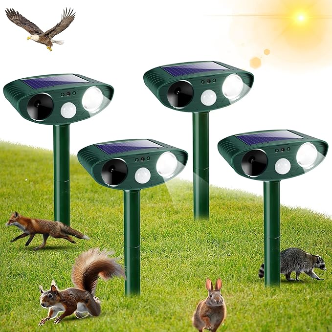 Solar Ultrasonic Animal Repeller Outdoor Cat Repellent Deer Repeller with Strobe Light,Waterproof Animal Deterrent Devices for Rabbit Raccoon Squirrel Dog Coyote Rodent Skunk Repellent for Yard Garden