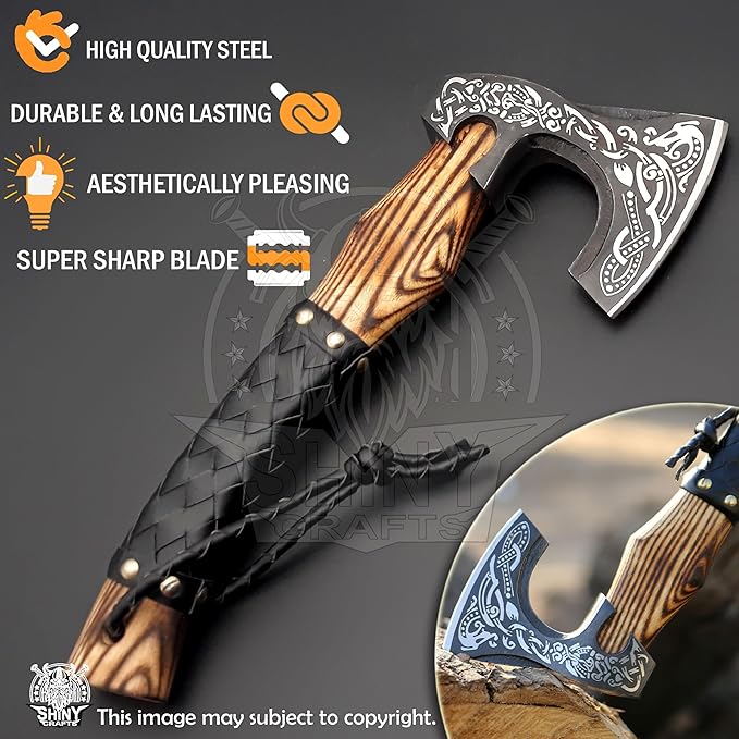 SHINY CRAFTS- Axes Berserker Axe Hatchet Tomahawk Norse Axe-Viking Axe Real Hatchet Viking - Gift for Men Camping Hatchet Bearded Axe - Leather Sheath (SCA 19)
