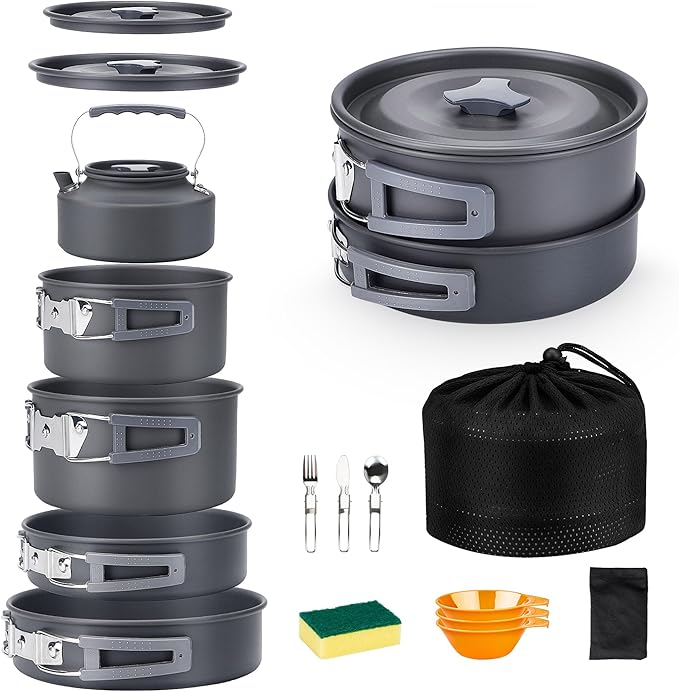 Alocs 17pcs Camping Cookware Set - Lightweight Camping Cookware Mess Kit for 2 - Portable Outdoor Cookware with Kettle - Camping Pots and Pans Set with Stainless Steel Cups Plates Forks Knives Spoons