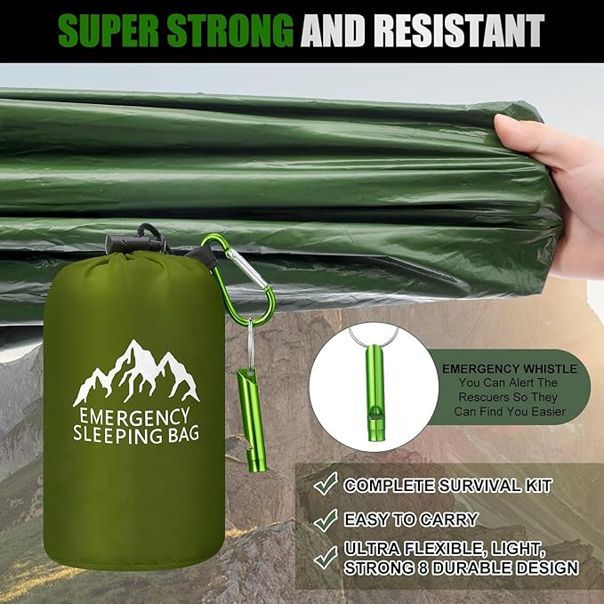 Oudain 6 Pcs XL Emergency Sleeping Bag 94.5" x 49.2" Waterproof Survival Sleeping Bag with Whistle Carabiner Portable Thermal Bivy Sack Emergency Blankets for Camping Hiking Outdoor
