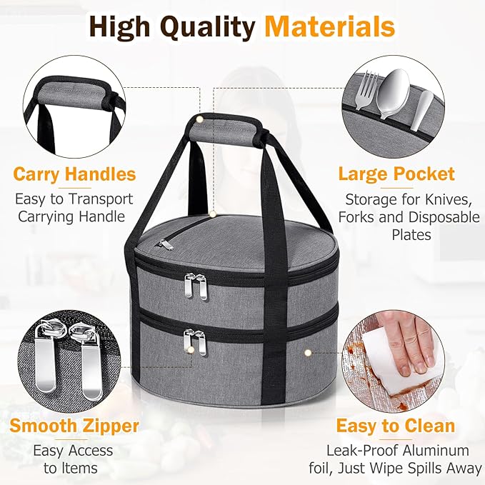 Round Double Insulated Casserole Carrier, Pie Carrier Bag, Portable Casserole Carrier for Hot or Cold Food Lunch Tote, Lunch Bag for Parties Picnic, Fits 12.5" Baking Dish, Grey