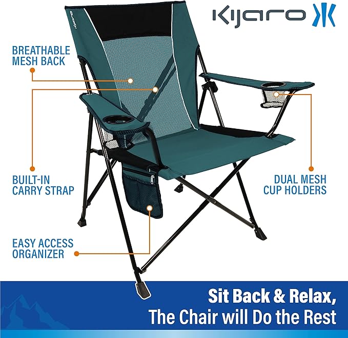 Kijaro Dual Lock Folding Camp Chair - Versatile Sports Chair With Locks Position for Outdoors - Cayman Blue Iguana