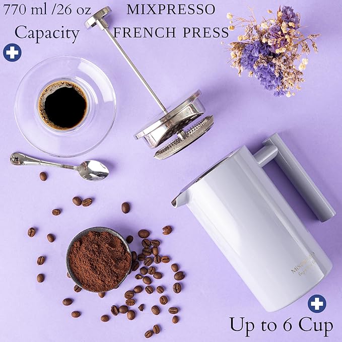 Mixpresso Light Blue Stainless Steel French Press Coffee Maker 26 Oz 770 ml, Double Wall Insulated French Press Stainless Steel, Easy Clean Tea Brewer, Easy Press Durable Metal Coffee Press