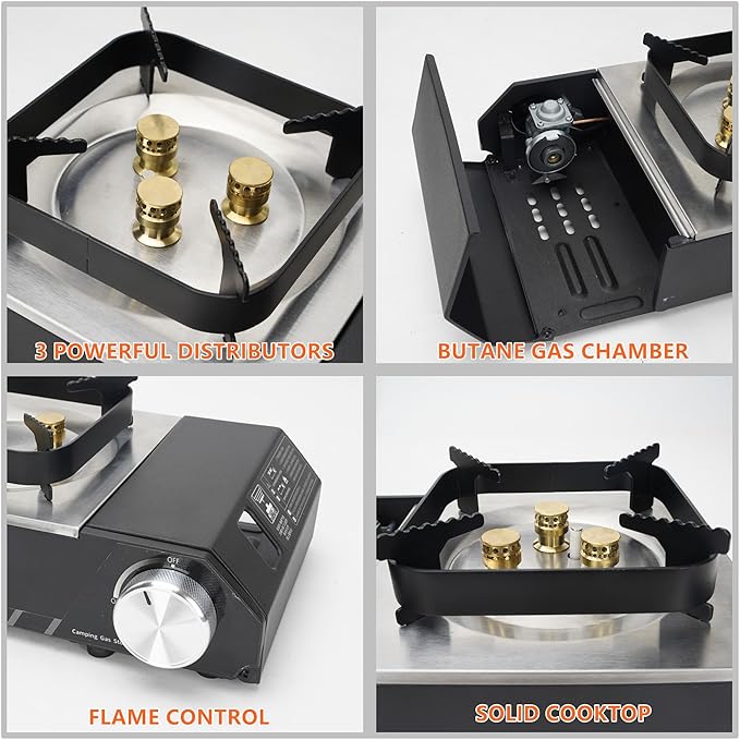 ONLYFIRE Portable Butane Stove with Carry Case, Mini Camping Stove Instant Ignition, Windproof Camp Stove for Camping, Hiking, RV Trip, Backpacking and Emergency, Black GS336