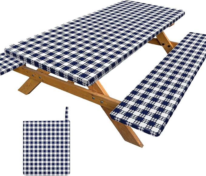 Picnic Table Cover with Bench Covers Portable Table Cloth Built-in Storage Pocket Picnic Table Covers with Elastic Waterproof Camping Essentials for RV Camping
