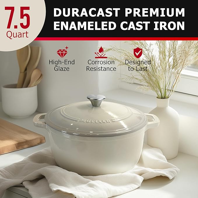 MÜELLERHOME 7.5 QT Enameled Cast Iron Dutch Oven, Heavy-Duty Casserole Dish and Braiser Pan with Lid and Stainless Knob, Oven-Safe up to 500° F & Across All Cooktops, Oyster White