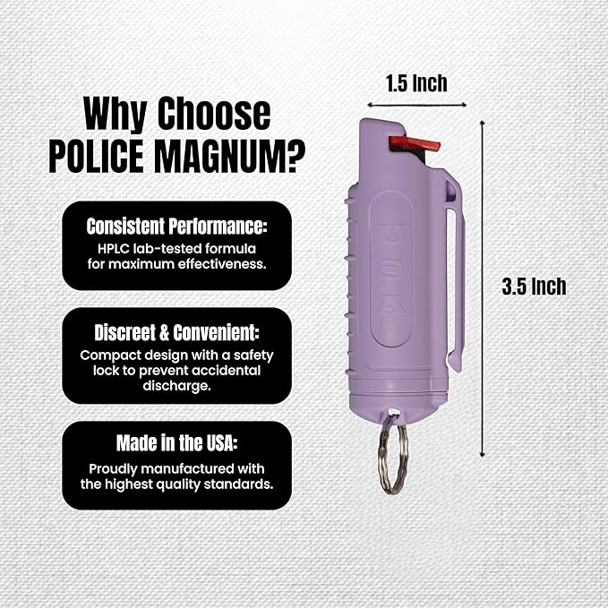Police Magnum Keychain Pepper Spray Self Defense Belt Clip Holder - 2 Pack Tactical Maximum Strength OC with Dye - Small Safety Key Chains for Women & Men - Made in The USA