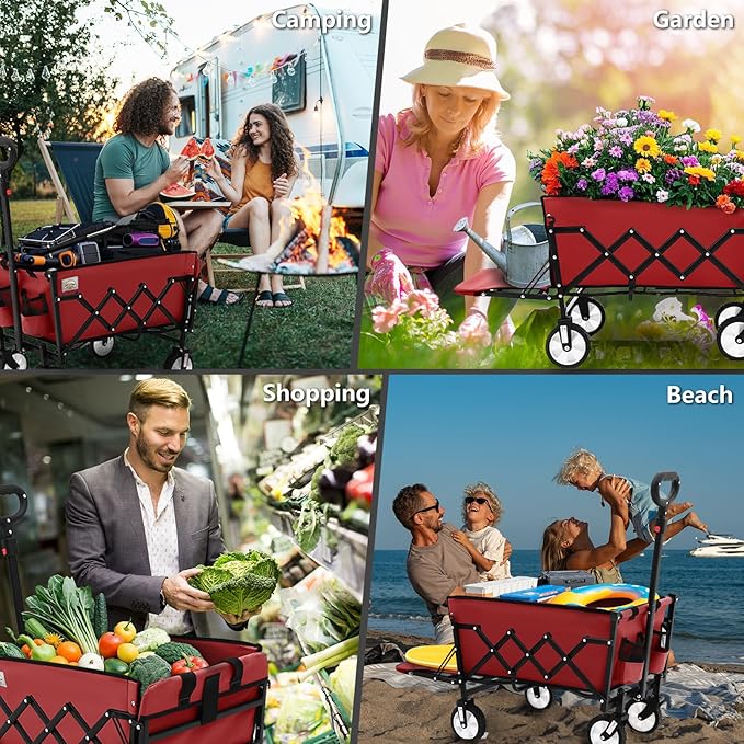 Folding Wagon Cart with Wheels and Tailgate, 330 lbs 120 l Capacity, Adjustable Handle, Portable Collapsible Utility Wagon Cart for Groceries, Outdoor Camping, Shopping, Garden (Red)