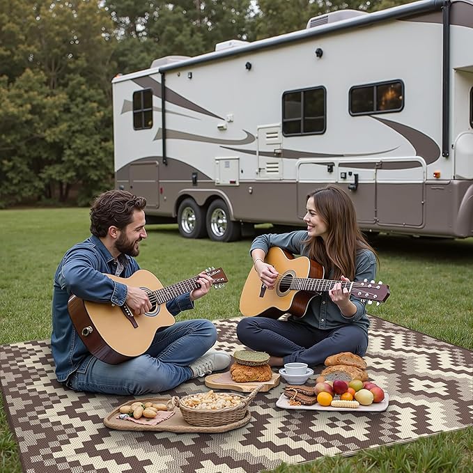 GENIMO Outdoor Rug Waterproof 8x10 ft, Lightweight Plastic Straw Rugs, Outside Reversible Large Mat Carpet for Patio, Camping, RV, Deck, Balcony, Porch, Backyard, Coffee & Beige