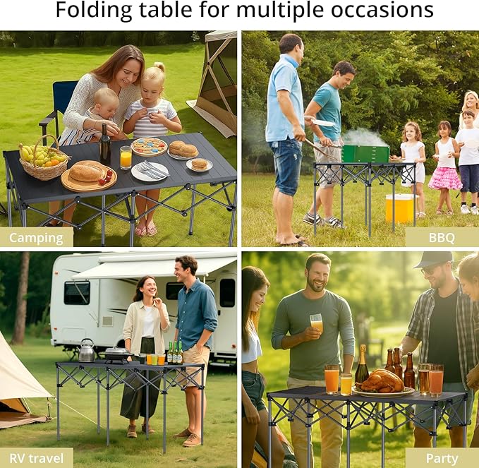 Large Camping Table Foldable for 2-8 People, 48” x 23.6” Aluminum Roll Up Camping Table Support 264lbs, Waterproof, Portable Outdoor Table with Carry Bag, for Backyard BBQ Tailgating, Black