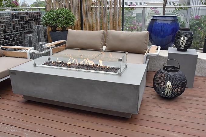 Elementi | Bundle Granville Gas Fire Pit Cast Concrete 60" Rectangular Fire Table, Outdoor Fire Pit Electronic Ignition | Canvas Cover, Lava Rock Included | Light Gray (Natural Gas)