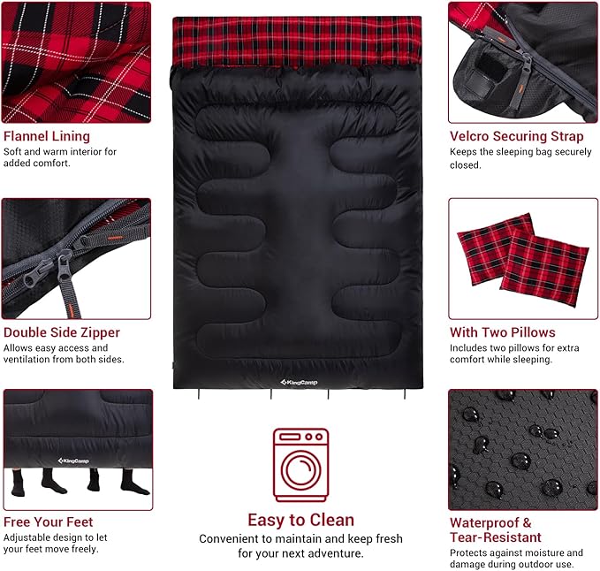 KingCamp Double Sleeping Bag for Adults, Queen Size 2 Person XXL Flannel Sleeping Bag, Waterproof Lightweight Flannel Quilt with 2 Pillows, Perfect for Couples Family Camping Hiking