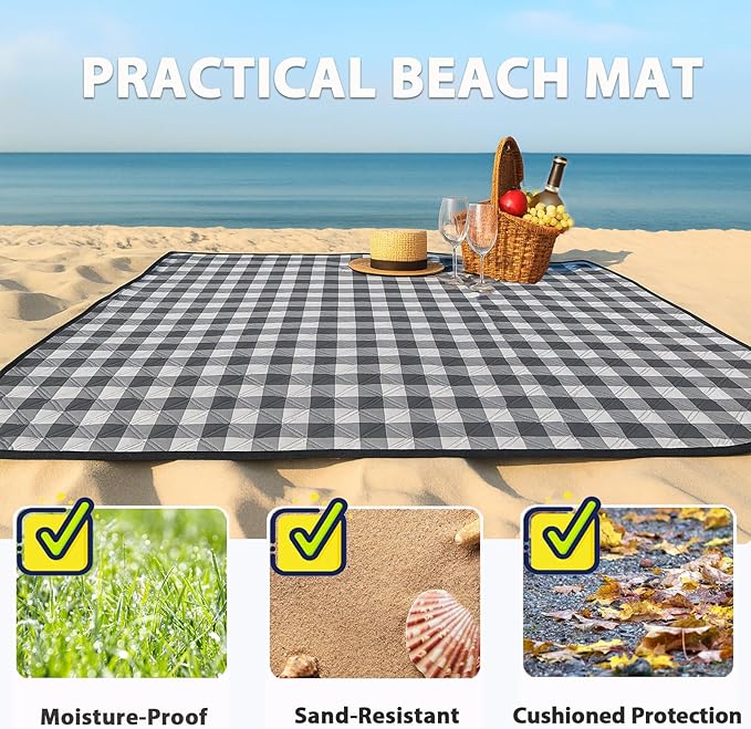 TigeJoy Extra Large Picnic Blanket Waterproof Foldable 80''x80'', Outdoor Picnic Mat Beach Blanket Sandproof for Park, Grass, Travel, Hiking, Camping Essentials, Gingham Picnic Blanket