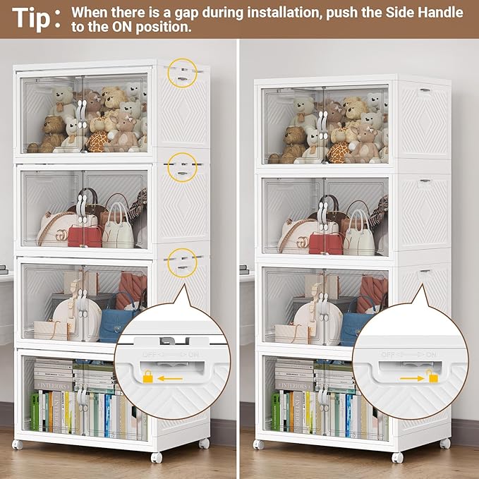 300QT Extra Large Stackable Storage Bins, 75Gal Clear Plastic Closet Organizer Cabinet with Lid and Wheels, Collapsible Latch Boxes Folding Drawer with Door for Home Kitchen, V20 3Pack White