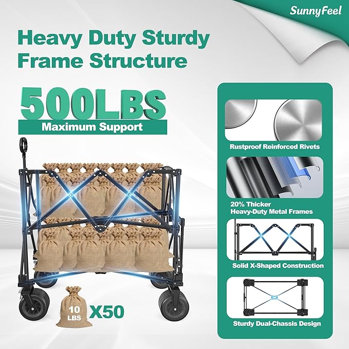 SUNNYFEEL Double Decker Wagon, Collapsible Outdoor Utility Wagon Cart 500LB Capacity Adjustable Handlebar,Foldable Wheels Stable Durable Oxford Fabric for Shopping Garden Camping (Black, Double Deck)