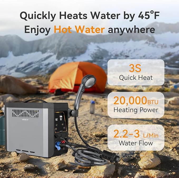Portable Propane Water Heater for Camping Shower, Built-in 4000mAh Rechargeable Battery with Thermostatic Control and Overheating Protection, Tankless Water Heater for Outdoor Shower with Pump