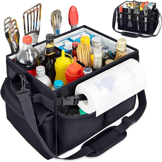 Large Grill Caddy with Paper Towel Holder – Collapsible BBQ Organizer for Camping, Tailgating, RV, Boating – Grilling Gifts for Men – Griddle Tote Bag with Shoulder Strap – Outdoor Essentials