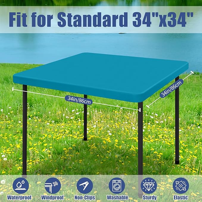 Spandex Picnic Table Cloth 2 Pack, Elastic Fitted Tablecloths for Square Tables, Stretch Washable Patio Table Cover for Outdoor, Camping, Banquet and Parties (Teal, 34"x34")