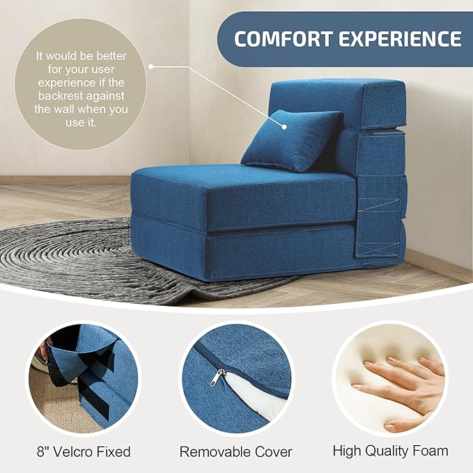 Folding Sofa Bed with Pillow- Convertible Chair Floor Couch & Sleeping Mattress, Foldable Memory Foam Sleeper for Living Room/Dorm/Guest Room/Home Office/Apartment/Loft, Single26, Navy Blue