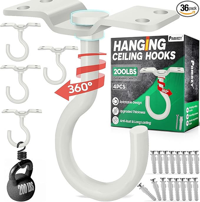 [Upgraded] 200LBS 4Pcs Rotatable Ceiling Hooks with 4 Screw Points Plate Base, White Wall Mount Metal Hanger for Hanging Plants, Bird Feeders, Lanterns, Lights, Wind Chimes, Indoor Outdoor Decor